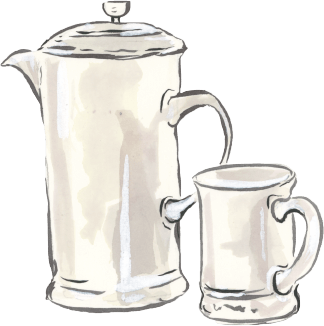 Water color drawing of coffee carafe and mug