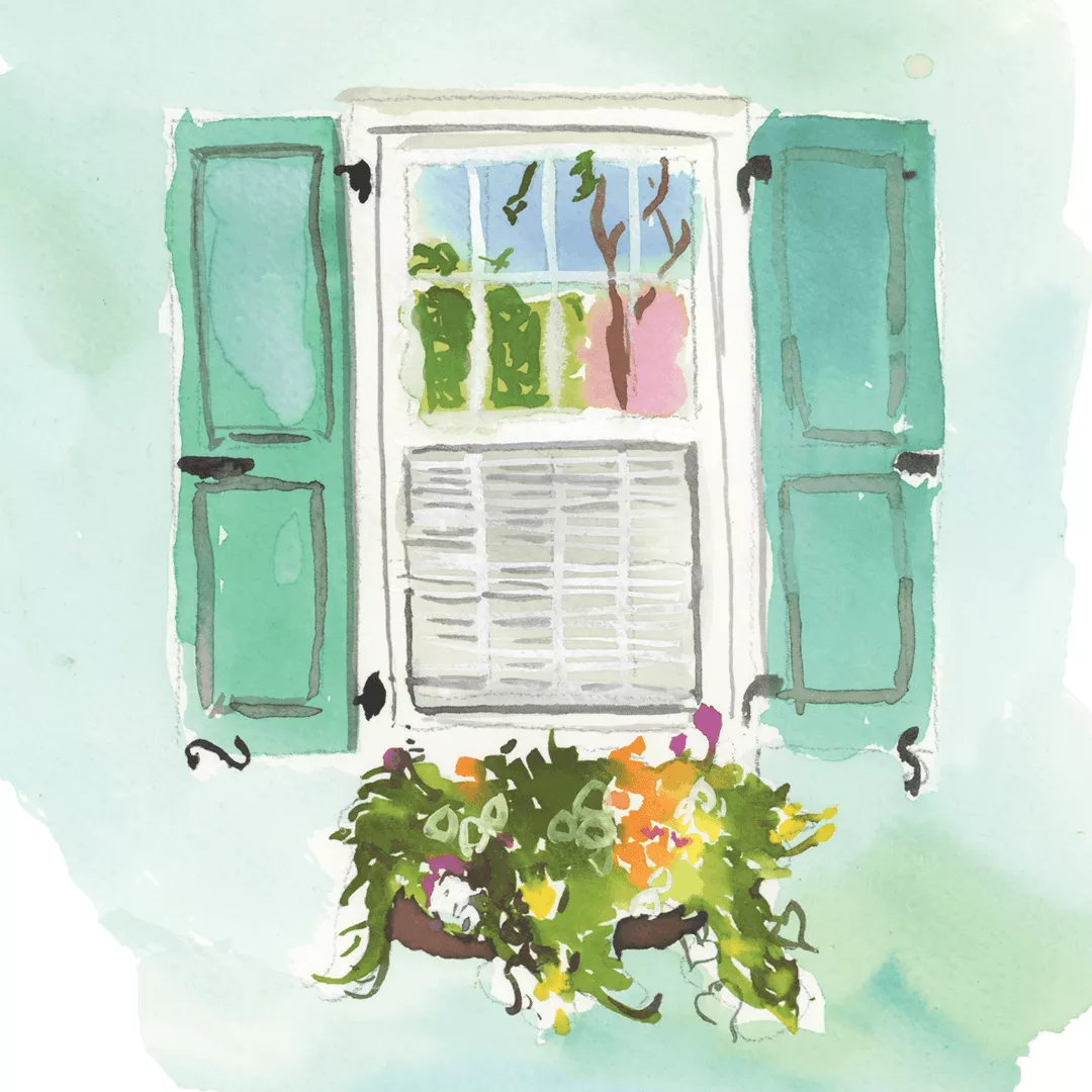 Window with flowers watercolor painting