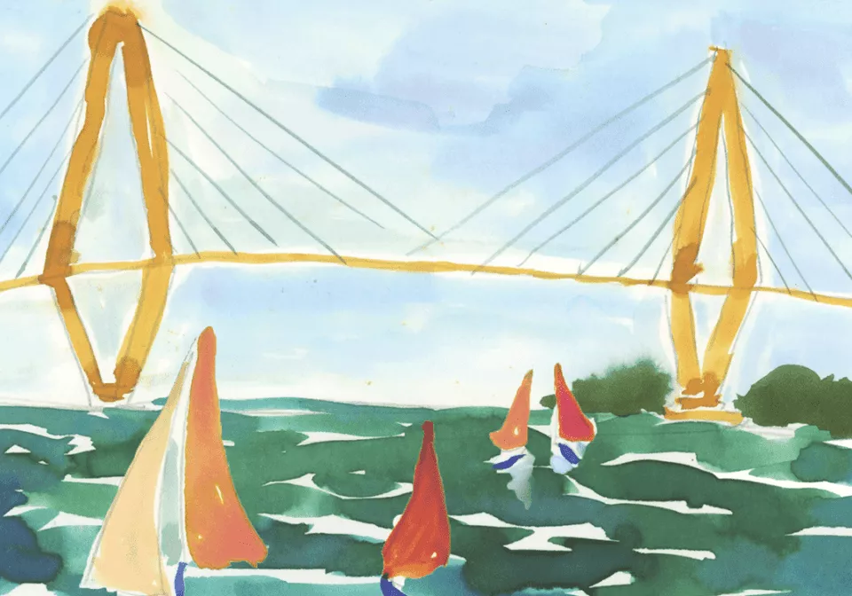 Watercolor painting of bridge with sail boats