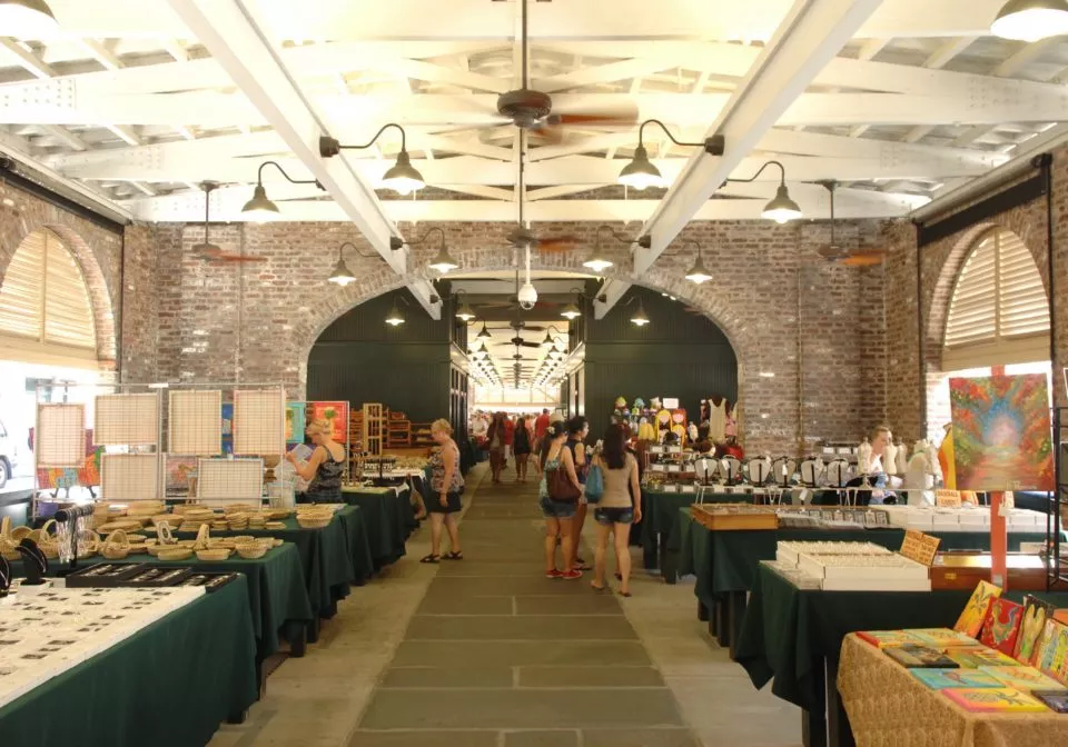 Charleston city market interior with market stalls