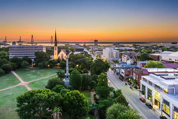 Charleston, South Carolina, USA skyline over Marion Square.